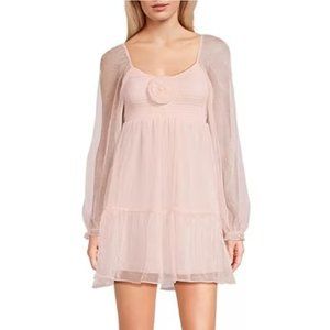 Midnight Doll Long Sleeve Rosette Shimmer Smocked Tiered Dress | NWT | L | Pink
